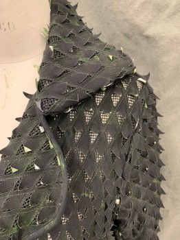 WHY DRESS, Black, Silver, Green, Synthetic, Geometric, Traingle Cut Out Flaps with Silvery Green Underside, Mesh Lining, Double Breasted, Collar Attached, Notched Lapel, Long Sleeves, Self Belt