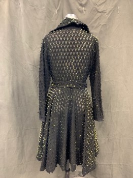 WHY DRESS, Black, Silver, Green, Synthetic, Geometric, Traingle Cut Out Flaps with Silvery Green Underside, Mesh Lining, Double Breasted, Collar Attached, Notched Lapel, Long Sleeves, Self Belt