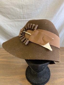 Womens, Hat, NOEL STEWART, Brown, Wool, Solid, Felt, 1.5" Wide Grosgrain Band with Self "Buckle" Detail, Cloche Style with Folded Detail at Crown, Made To Order Reproduction