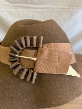 Womens, Hat, NOEL STEWART, Brown, Wool, Solid, Felt, 1.5" Wide Grosgrain Band with Self "Buckle" Detail, Cloche Style with Folded Detail at Crown, Made To Order Reproduction