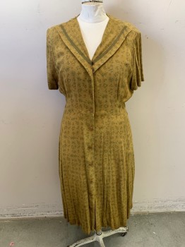 NL, Olive Green, Yellow, Terracotta Brown, Dk Green, Cotton, Floral, Geometric, V-neck, Fold Along Neckline That Stop at Shoulders, Olive Green Trim, Pleated Bust, Button Front, Short Sleeves, Hem Below Knee *Stain on Left Sleeve/Armpit