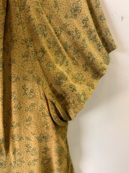 NL, Olive Green, Yellow, Terracotta Brown, Dk Green, Cotton, Floral, Geometric, V-neck, Fold Along Neckline That Stop at Shoulders, Olive Green Trim, Pleated Bust, Button Front, Short Sleeves, Hem Below Knee *Stain on Left Sleeve/Armpit