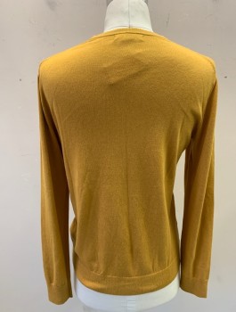 Mens, Pullover Sweater, BANANA REPUBLIC, Mustard Yellow, Silk, Cotton, Solid, M, Knit, Long Sleeves, V-neck