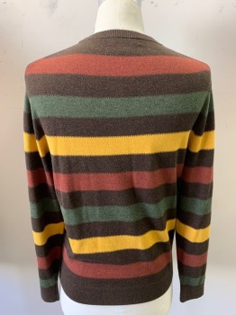 Mens, Pullover Sweater, DANIEL CREMIEUX, Brown, Ruby Red, Gray, Yellow, Cotton, Stripes - Horizontal , M, L/S, CN,