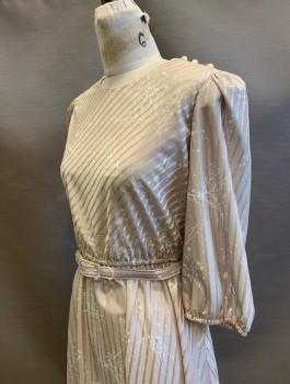 Womens, 1980s Vintage, Dress, LADY CAROL PETITES, Lt Beige, White, Polyester, Stripes - Vertical , Paint Splatter, W20-26, B:34, H:36, 3/4 Puffy Sleeves, Round Neck, Elastic Waist, 3 Buttons at Shoulder, Knee Length, Comes with Matching Belt (CF017324)