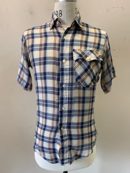 Mens, Shirt, LEVI'S, Blue, Beige, Red, Gold, Polyester, Cotton, Plaid, S, S/S,white Tab Small"e", Thin and Worn Fabric,frayed on Left Sleeve, See photo