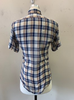 LEVI'S, Blue, Beige, Red, Gold, Polyester, Cotton, Plaid, S/S,white Tab Small"e", Thin and Worn Fabric,frayed on Left Sleeve, See photo