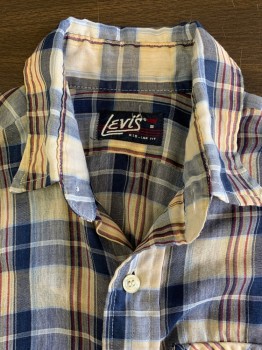 LEVI'S, Blue, Beige, Red, Gold, Polyester, Cotton, Plaid, S/S,white Tab Small"e", Thin and Worn Fabric,frayed on Left Sleeve, See photo