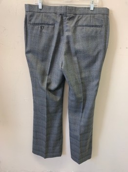 Mens, 1970s Vintage, Suit, Pants, NO LABEL, Black, White, Blue, Wool, Glen Plaid, 38/35, Side Pockets, Zip Front, Flat Front, 2 Back Welt Pockets