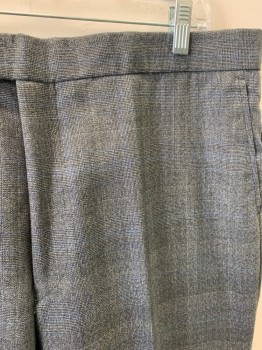 Mens, 1970s Vintage, Suit, Pants, NO LABEL, Black, White, Blue, Wool, Glen Plaid, 38/35, Side Pockets, Zip Front, Flat Front, 2 Back Welt Pockets