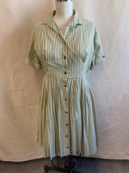N/L, Sage Green, Off White, Linen, Stripes, V-neck, Collar Attached, Short Sleeves, Cuffed with Gold Roman Button, 9 Gold Roman Buttons Down Front