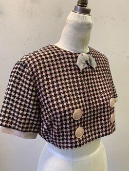 Womens, 1950s Vintage, Piece 2, N/L, Lt Pink, Black, Rayon, Check , B:36, Blouse/Top to Go with Dress (CF033338), S/S, Pullover, Cropped Length, Round Neck with Beige Bow at Neck, "Double Breasted" Look with Buttons in Front, Button Closures in Back
