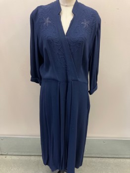 N/L, Navy Blue, Cotton, Solid, Mandarin Collar, Asymmetrical With Snap, Floral  Embroiderred,& Fagoting Stitch,   3/4 Slvs, With Cuffs, Box Pleats At Skirt, Side Zip. No Belt  Just Belt Loops *Stained At Left Shoulder * SEE PHOTO
