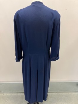Womens, Dress, N/L, Navy Blue, Cotton, Solid, W34, B42, Mandarin Collar, Asymmetrical With Snap, Floral  Embroiderred,& Fagoting Stitch,   3/4 Slvs, With Cuffs, Box Pleats At Skirt, Side Zip. No Belt  Just Belt Loops *Stained At Left Shoulder * SEE PHOTO