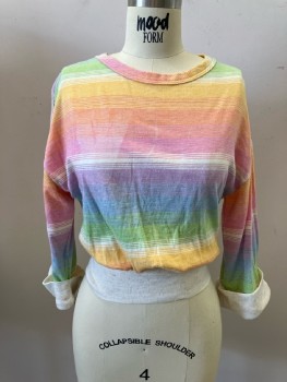 FOXMOOR, Horizontal Rainbow Stripes, Boat Neck, 3/4slvs, Cream Cuffs, And Wide Rib Knit Waistband,