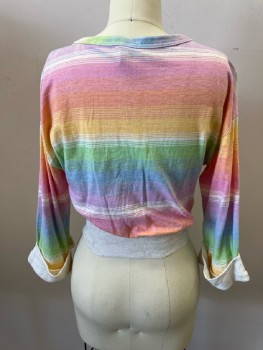 FOXMOOR, Horizontal Rainbow Stripes, Boat Neck, 3/4slvs, Cream Cuffs, And Wide Rib Knit Waistband,