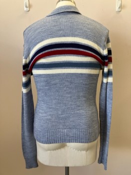 Mens, Sweater, MISTER MAN, L, Lt Blue, Horizontal Stripe, Knit, V Neck, C.A., L/S,
