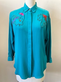 SHIRT STRINGS, Teal, Solid, Color Patches And Piping Detail On Chest, C.A., B.F., L/S
