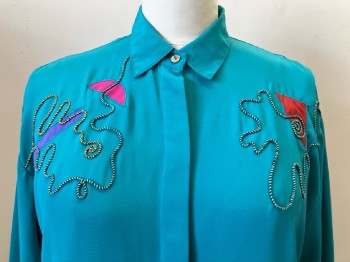 SHIRT STRINGS, Teal, Solid, Color Patches And Piping Detail On Chest, C.A., B.F., L/S