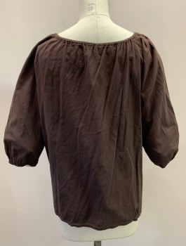 Womens, Historical Fiction Blouse, NL, Brown, Cotton, Solid, M, B:36, Drawstring Boat Neck with Tie And Key Hole Cutout, 3/4 Sleeves With Elastic, Aging On Neck, Small Tear In Back Just Below Neck