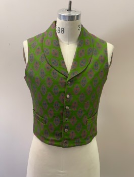 Mens, Historical Fiction Vest, NL , Lime Green, Coral Orange, Teal Green, Wool, Polyester, Print, 38, Shawl Collar,6 Button Closure, 2 Pocket, Solid Burgundy Back & Lining, Back Self Tie,