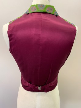 NL , Lime Green, Coral Orange, Teal Green, Wool, Polyester, Print, Shawl Collar,6 Button Closure, 2 Pocket, Solid Burgundy Back & Lining, Back Self Tie,