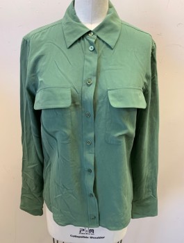 Womens, Blouse, EQUIPMENT FEMME, Green, Silk, Solid, XS, Long Sleeves, Button Front, Collar Attached, 2 Patch Pockets with Flaps
