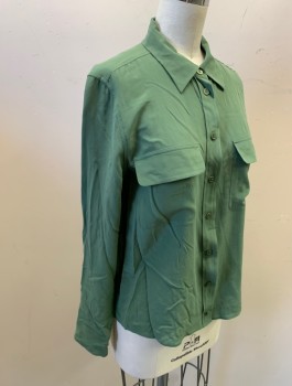 Womens, Blouse, EQUIPMENT FEMME, Green, Silk, Solid, XS, Long Sleeves, Button Front, Collar Attached, 2 Patch Pockets with Flaps