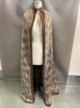MTO, Brown, Beige, White, Faux Fur, Wool, Ties At Neck, Copper Textured Pattern Trim, Beaded Detail On Back Of Neck, Floor Length, Chain Applique Detail At Back Hem