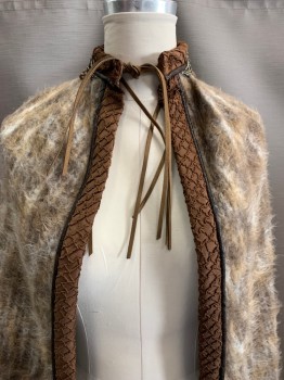 MTO, Brown, Beige, White, Faux Fur, Wool, Ties At Neck, Copper Textured Pattern Trim, Beaded Detail On Back Of Neck, Floor Length, Chain Applique Detail At Back Hem