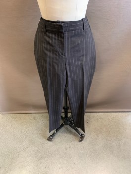 THEORY, Charcoal Gray, Wool, Polyester, Stripes - Chalk , Flat Front Back Side Pockets, 2 Back Pockets