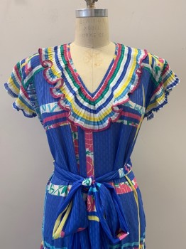 NO LABEL, Blue, White, Pink, Yellow, Green, Polyester, Floral, Stripes, Pleated And Ruffled Short Sleeves And Collar, V Neck, Sheer, Tassels, With Matching Waist Tie