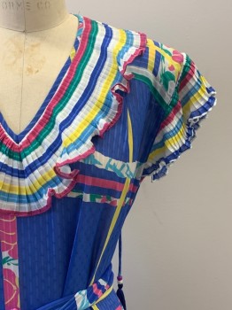 NO LABEL, Blue, White, Pink, Yellow, Green, Polyester, Floral, Stripes, Pleated And Ruffled Short Sleeves And Collar, V Neck, Sheer, Tassels, With Matching Waist Tie