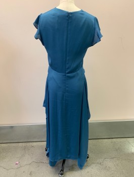 Womens, Evening Gown, BCBG, Cerulean Blue, Polyester, Solid, XS, V-N Lace, Ruffle S/S, Ruffle V Waist, Side Ruffle Grommet, Zipper At Back