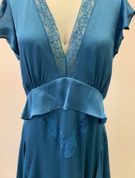 Womens, Evening Gown, BCBG, Cerulean Blue, Polyester, Solid, XS, V-N Lace, Ruffle S/S, Ruffle V Waist, Side Ruffle Grommet, Zipper At Back