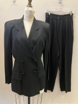 Womens, 1980s Vintage, Suit, Jacket, DANI MAX, Black, Rayon, Acetate, Solid, W:28, B: 36, H: 38, C.A., Notched Lapel, DB. 2 Faux Flap Pocket With Embroiderred Detail, Martingale Belt