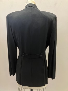 Womens, 1980s Vintage, Suit, Jacket, DANI MAX, Black, Rayon, Acetate, Solid, W:28, B: 36, H: 38, C.A., Notched Lapel, DB. 2 Faux Flap Pocket With Embroiderred Detail, Martingale Belt