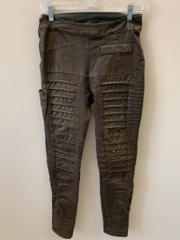 Womens, Sci-Fi/Fantasy Pants, DEMOBAZA, Brown, Antique Gold Metallic, Cotton, Elastane, Solid, W:28, M, Side Zip, Front & Back Flap Pocket with Zipper Closure. Aged Faux Leather Finish, Side Leg Pckt, Piped Strip Detail Front Center Legs, Oval Inlay Detail @ Calfs, Seams Left Side Of Upper Leg/ Back Of Knees/ CuffsCf060008