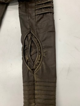 Womens, Sci-Fi/Fantasy Pants, DEMOBAZA, Brown, Antique Gold Metallic, Cotton, Elastane, Solid, W:28, M, Side Zip, Front & Back Flap Pocket with Zipper Closure. Aged Faux Leather Finish, Side Leg Pckt, Piped Strip Detail Front Center Legs, Oval Inlay Detail @ Calfs, Seams Left Side Of Upper Leg/ Back Of Knees/ CuffsCf060008