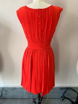 Womens, Dress, Sleeveless, BODEN, Red-Orange, Viscose, Polyester, Solid, G, at Knee, Side Zipper, Self Button Back, Round Neck