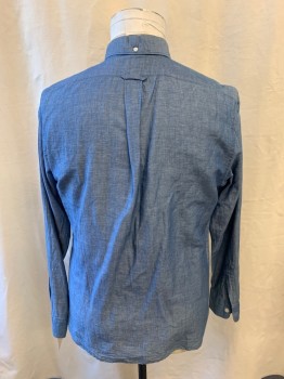 Mens, Casual Shirt, TODD SNYDER, Blue, Linen, Cotton, Heathered, L, Long Sleeves, Button Front, Button Down Collar Attached, 1 Buttoned Pocket