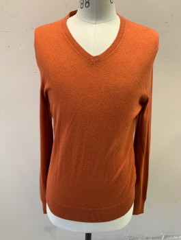 Mens, Pullover Sweater, BANANA REPUBLIC, Burnt Orange, Silk, Cotton, Solid, M, Knit, Long Sleeves, V-neck