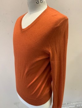 Mens, Pullover Sweater, BANANA REPUBLIC, Burnt Orange, Silk, Cotton, Solid, M, Knit, Long Sleeves, V-neck