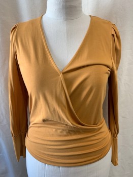 Womens, Top, NEIMAN MARCUS, Mustard Yellow, Modal, Polyester, Solid, L, V-neck, Criss Cross Wrap Style, Long Sleeves