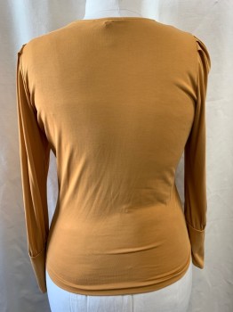 Womens, Top, NEIMAN MARCUS, Mustard Yellow, Modal, Polyester, Solid, L, V-neck, Criss Cross Wrap Style, Long Sleeves
