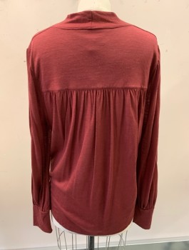 Womens, Top, L.K. BENNETT, Maroon Red, Lyocell, Wool, Solid, M, Jersey, L/S, V-Neck, Pullover, Gathered at Shoulders and Back Yoke
