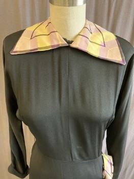 N/L, Black, Rayon, Solid, Silk Lavender/.Yellow Plaid - Pointed Collar/Side Drape, CB & Side Zippers, L/S with Cuffs,