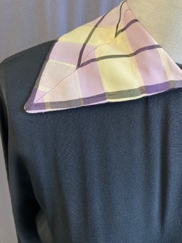 N/L, Black, Rayon, Solid, Silk Lavender/.Yellow Plaid - Pointed Collar/Side Drape, CB & Side Zippers, L/S with Cuffs,