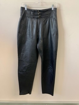 Womens, Pants, NL, Black, Leather, W:29, Paper Bag Waist, Self Belt Front with Gold Rings, Side Pockets, Zip Front, *Stained
