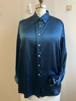 Womens, Blouse, TAILLISIME, B:48, 20, Teal Silky Polyester, C.A., B.F., L/S, with Button Cuffs, Slit Sides